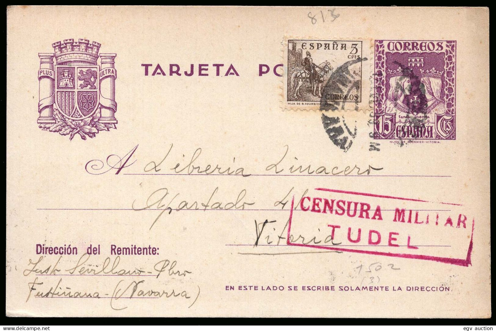 Navarra - Edi O EP 81+Espa 816 - Entero Postal Remite En Fustiñana + "Censura Militar - Tudela" A Vitoria - 1931-....