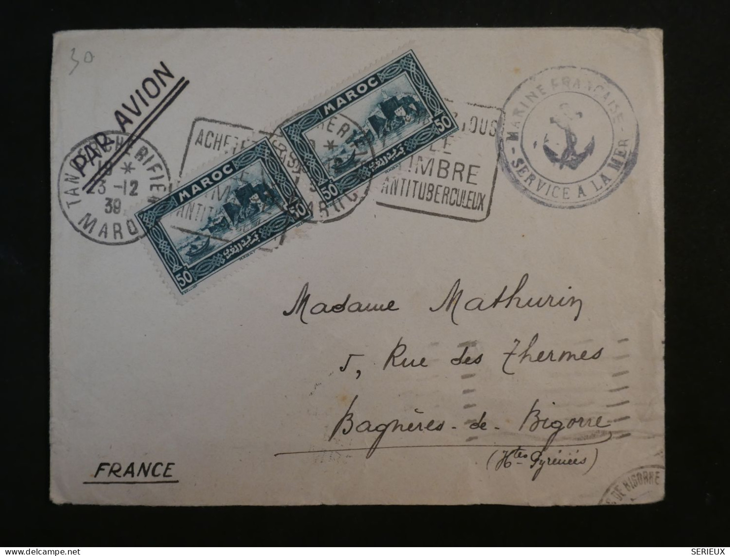 DG7 MAROC   BELLE LETTRE   1939 TANGER  A  BAGNERES  FRANCE +CACHET SERVICE A LA MER +PAIRE DE TP   AFF. INTERESSANT - Brieven En Documenten