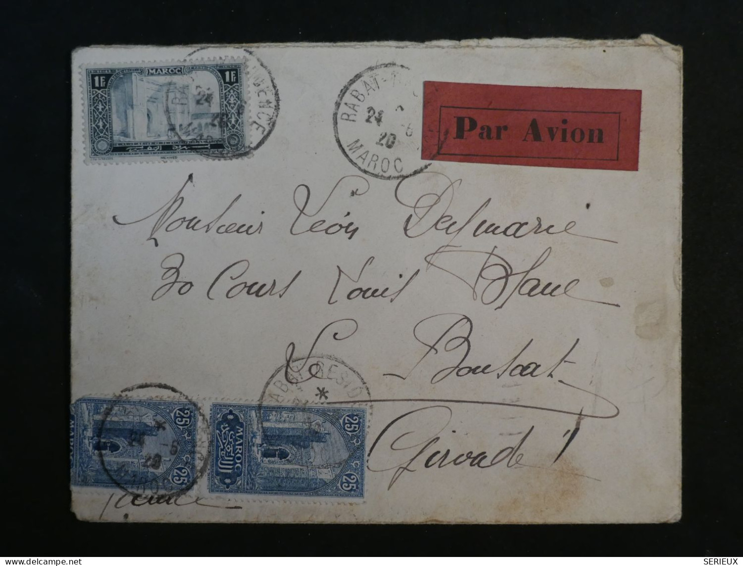 C MAROC   BELLE LETTRE   1920 RABAT A  LE BOUSCAT  FRANCE ++LE 1F + AFF. INTERESSANT - Cartas & Documentos