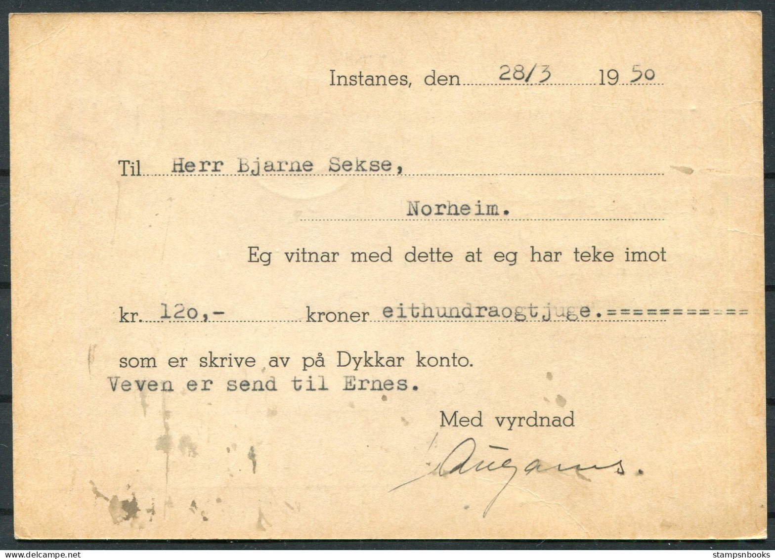 1950 Norway 15ore Lion Lofthus Postcard - Norheim  - Neufs