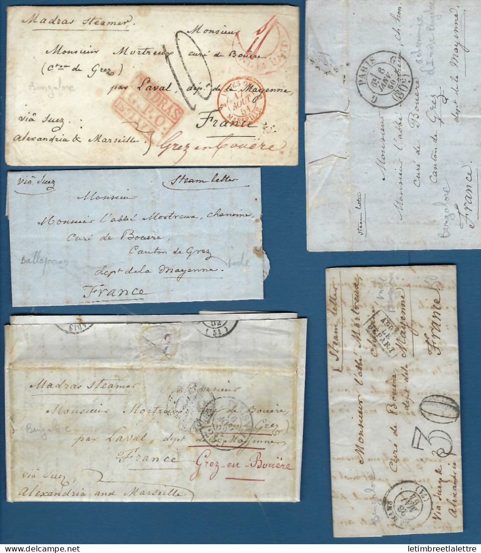 Inde - 5 Lettres Indes Bangalore Et Ballapooram - 1860 - Pour La France - Marque De Passage - Pour Curé De La Mayenne - Verzamelingen & Reeksen