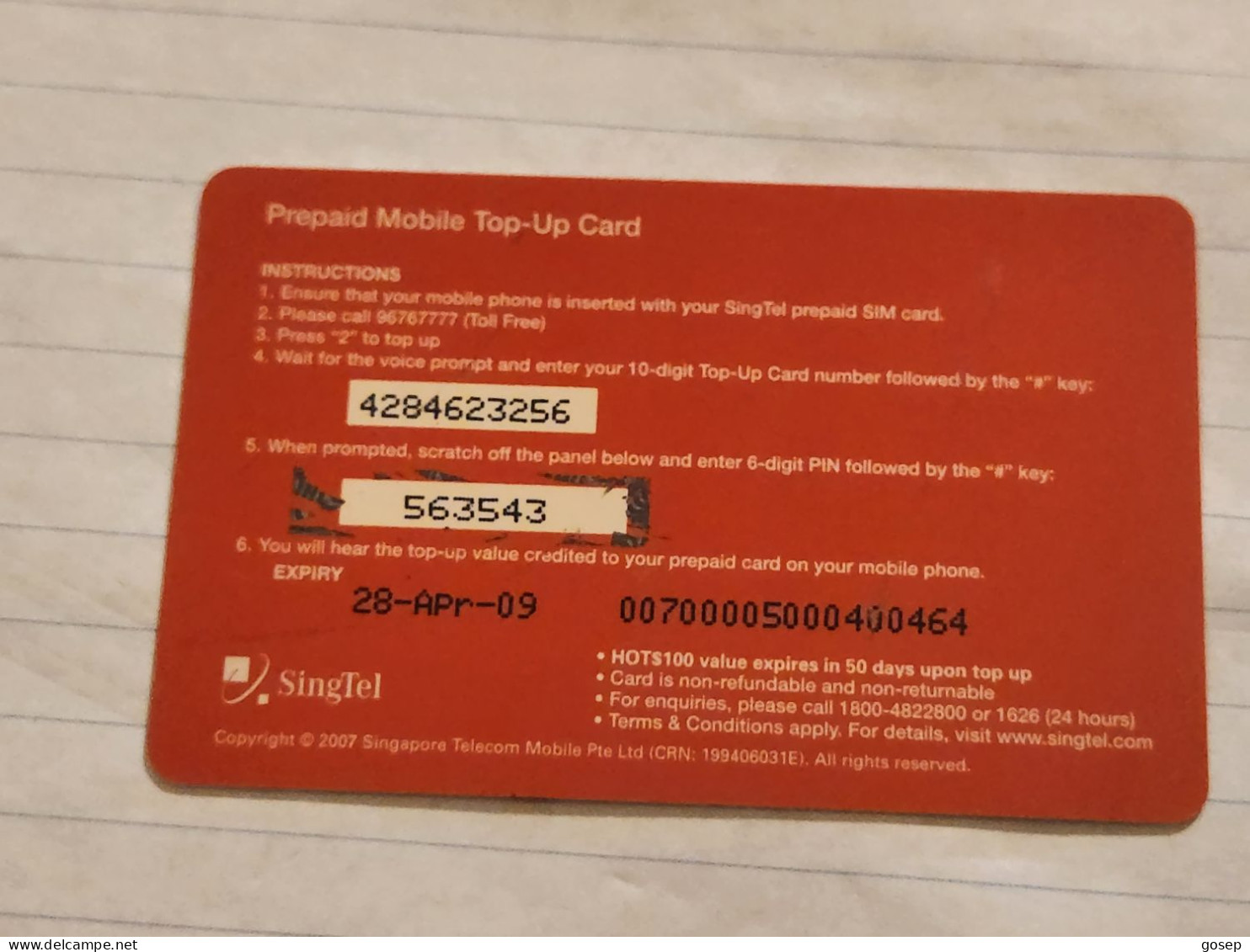 SINGAPORE-(SG-HI-REF-0033C)-SINGTEL HOT 100-28$-(256)($100)(4284623256)(28.4.09)-used Card+1card Prepiad Free - Singapour