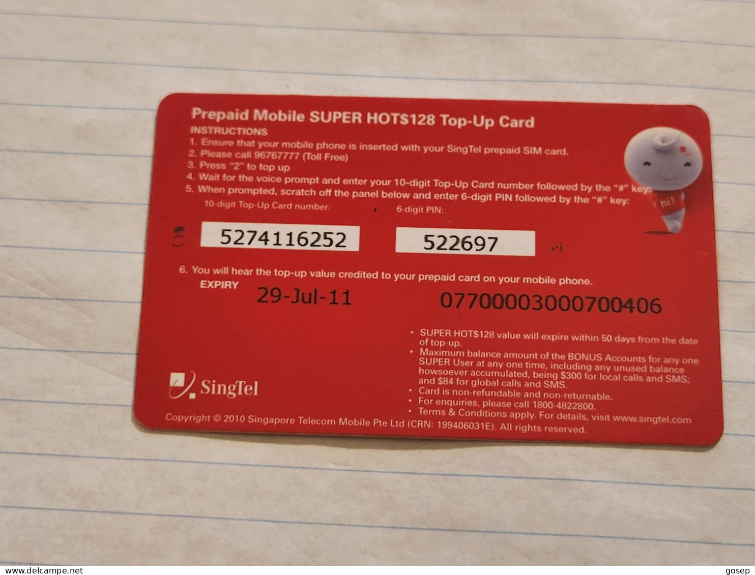 SINGAPORE-(SG-HI-REF-0049a)-SUPER HOT-$128-(258)($128)(5274116252)(29.07.11)-used Card+1card Prepiad Free - Singapour