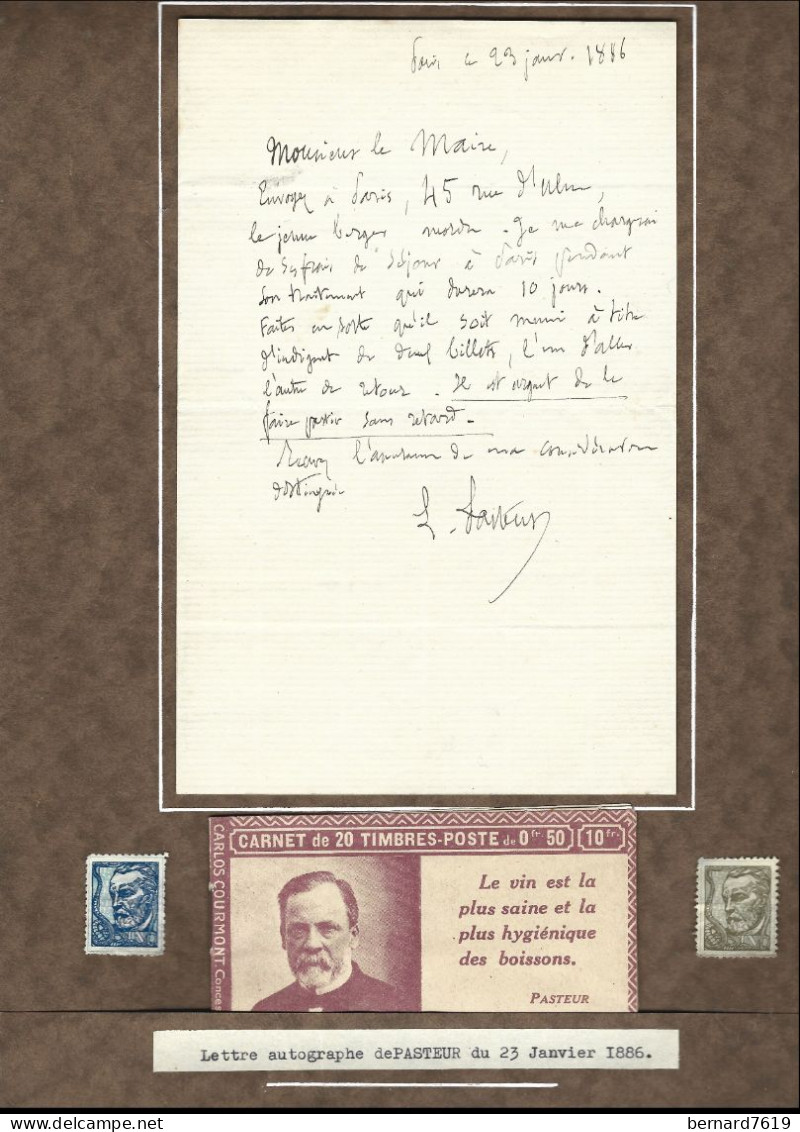 Lettre Autographe Louis Pasteur  Paris Le 23 Janvier 1986   Berger Mordu -   Planche Avec  Carnet  Et Timbres - - Inventors & Scientists