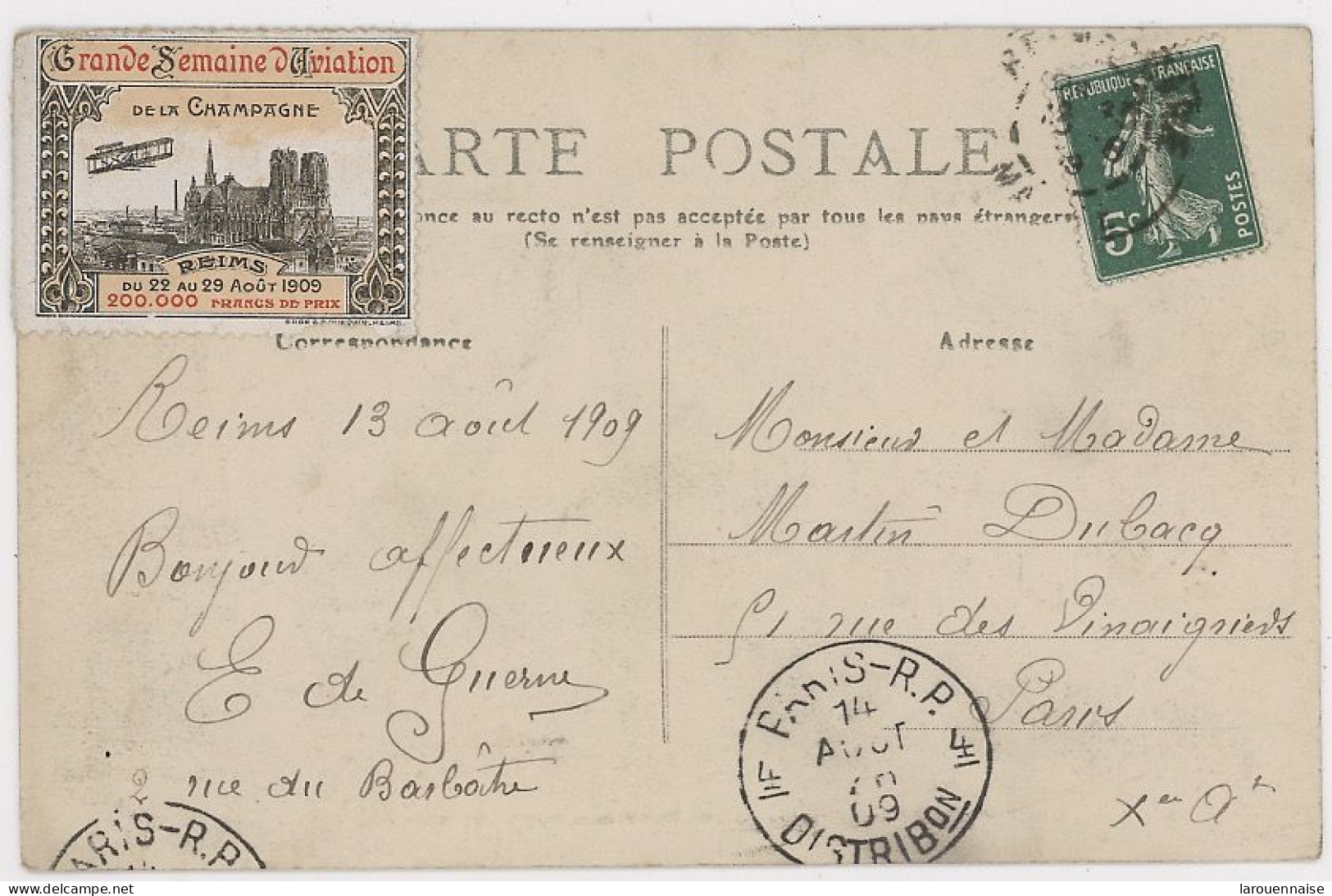 51- REIMS - GRANDE SEMAINE D'AVIATION- 22-29 AOUT 1909- VIGNETTE SOUVENIR (SILOMBRA V1) SUR CP-Affranchie N°137  Obl Cà - Aviation