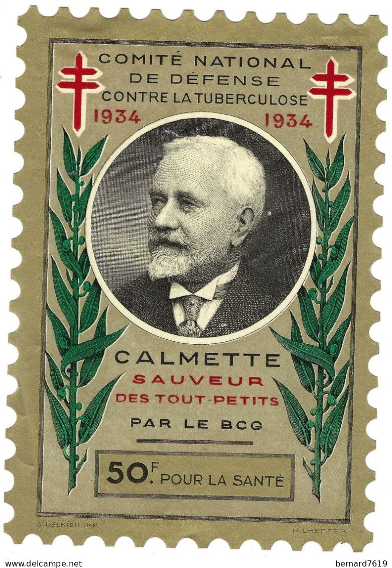 Timbre France - Erinnophilie - Comite National De Defense Cntre La Tuberculose  - 1934 Calmette -  Grande Vignette 50 F - Croix Rouge