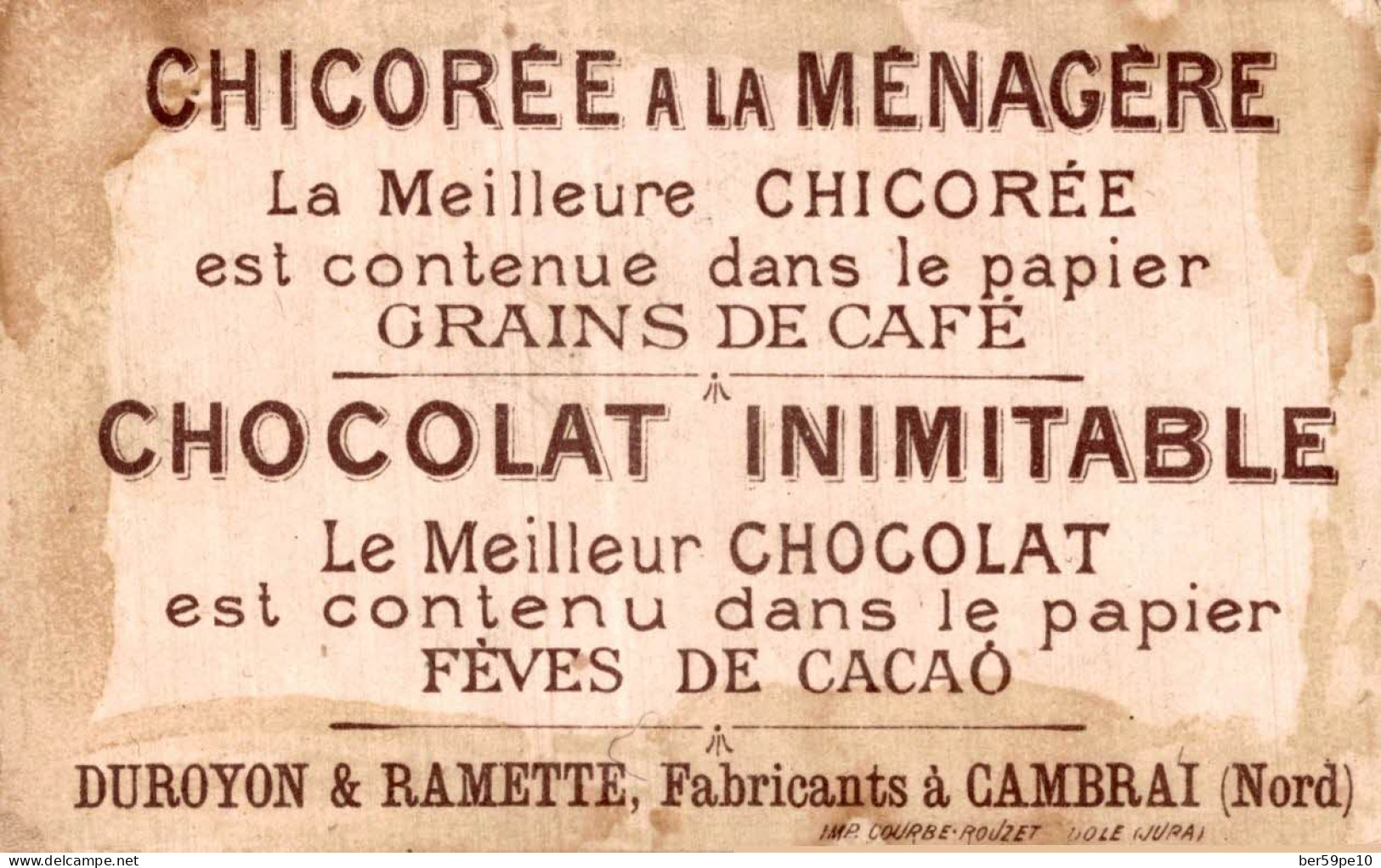 CHROMO CHOCOLAT INIMITABLE DUROYON & RAMETTE CAMBRAI RIANT COMME UN BOSSU - Duroyon & Ramette