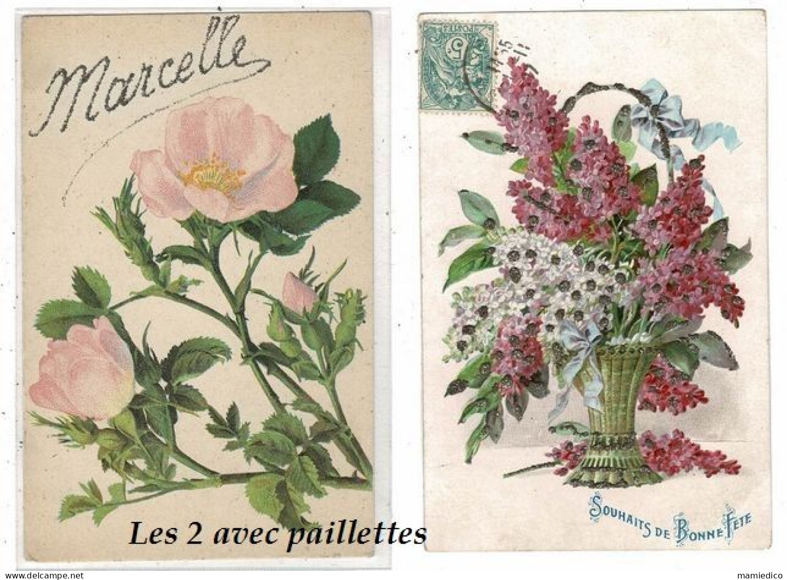 10 CP Belles Fantaisies Scannées Rectos Et Versos. Paillettes, Gaufrages, Prénom Marcelle. 2 SCANS - Sammlungen & Sammellose
