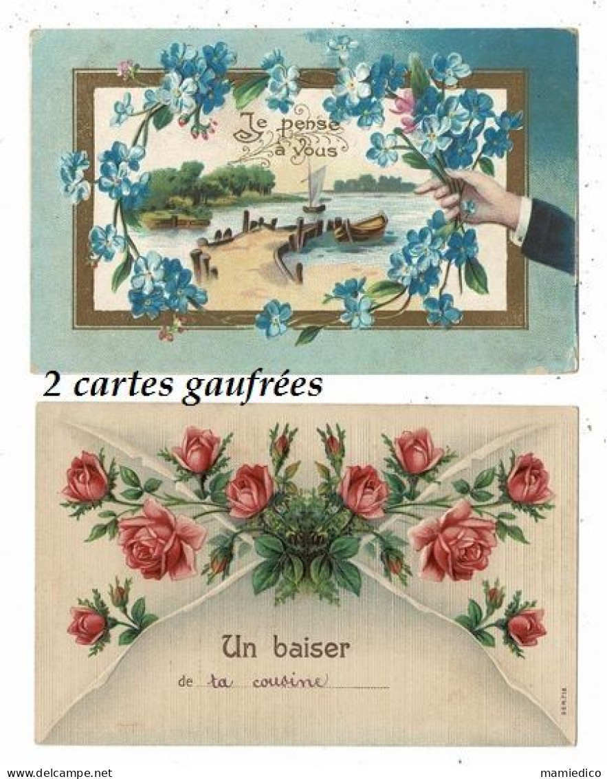 10 CP Belles fantaisies scannées rectos et versos. Paillettes, gaufrages, Prénom Marcelle. 2 SCANS