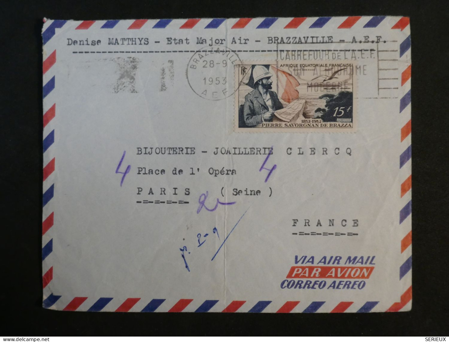 DG7 AEF   BELLE   LETTRE  1953 BRAZZA A PARIS FRANCE +++ AFF. INTERESSANT - Briefe U. Dokumente