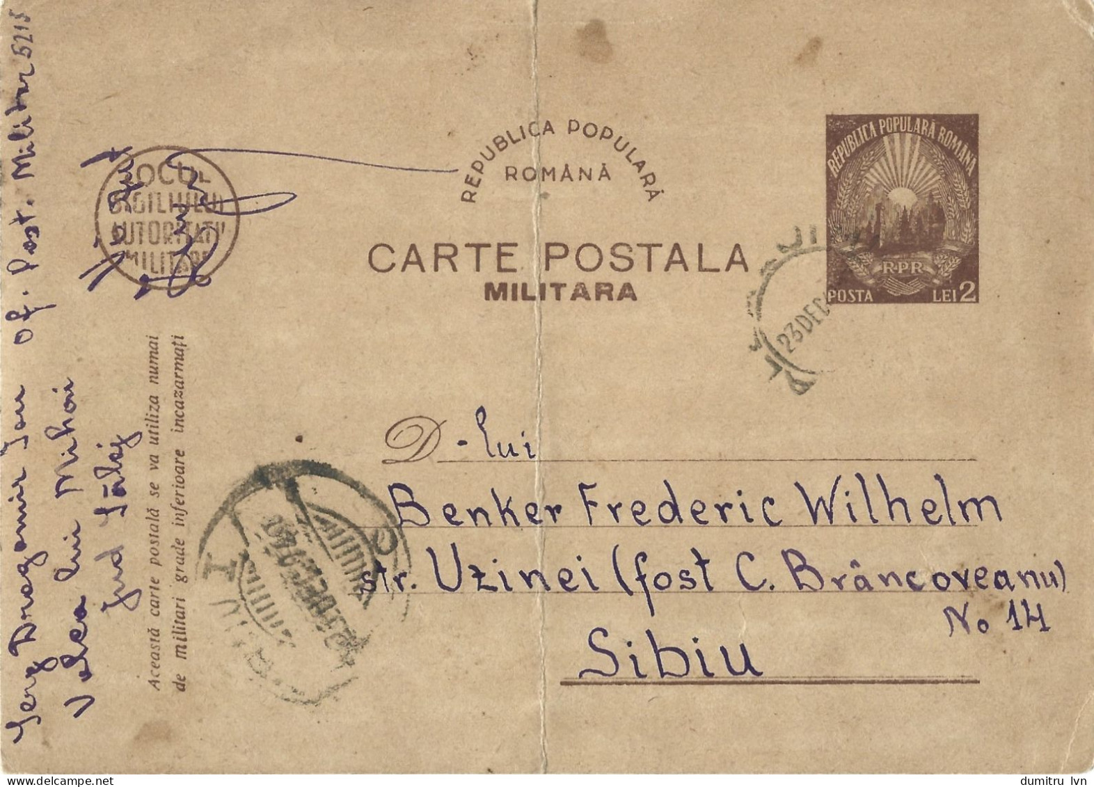 ROMANIA 1949 MILITARY, OPM 5215, POSTCARD STATIONERY - Cartas De La Segunda Guerra Mundial