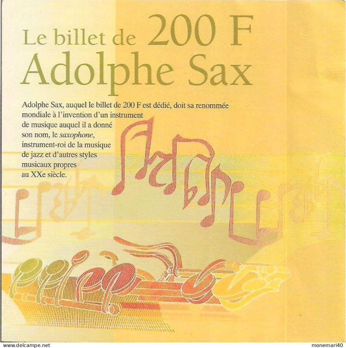 BELGIQUE - BANQUE NATIONALE - LE BILLET DE 200 F - ADOLPHE SAX. - Other & Unclassified