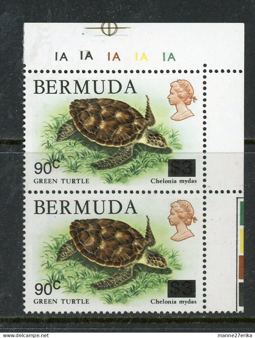 Bermuda MNH Green Turtle  90cent Overprinted (Pair) - Bermuda