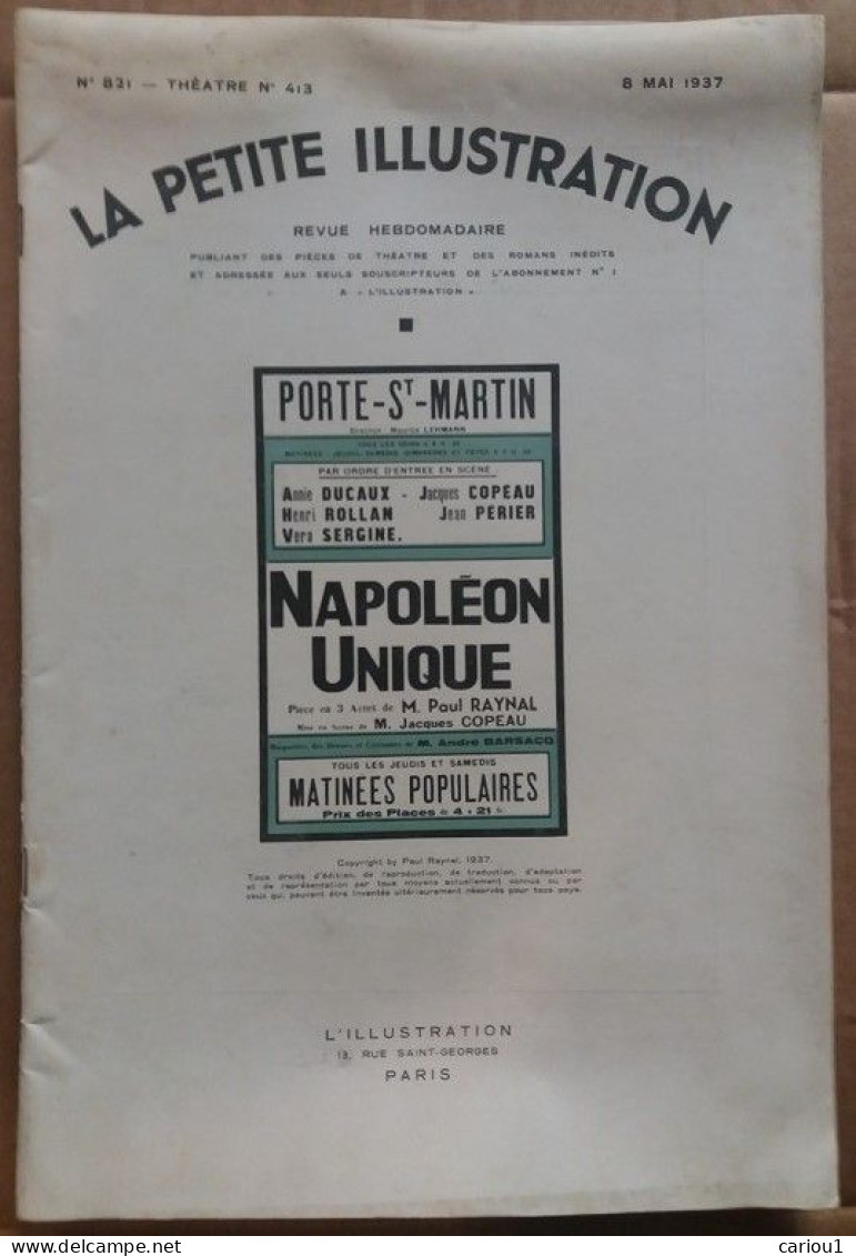 C1 Raynal NAPOLEON UNIQUE 1937 Petite Illustration Theatre JACQUES COPEAU  Port Inclus France - Französisch