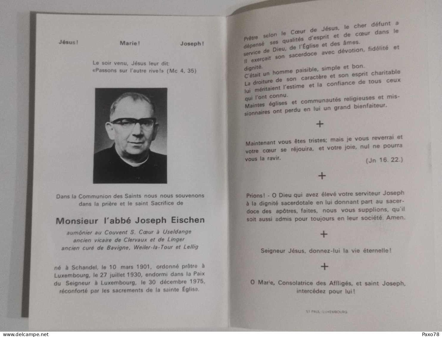Doodebiller Luxemburg, Abbé Joseph Eischen, Useldange Lintgen 1975 - Todesanzeige