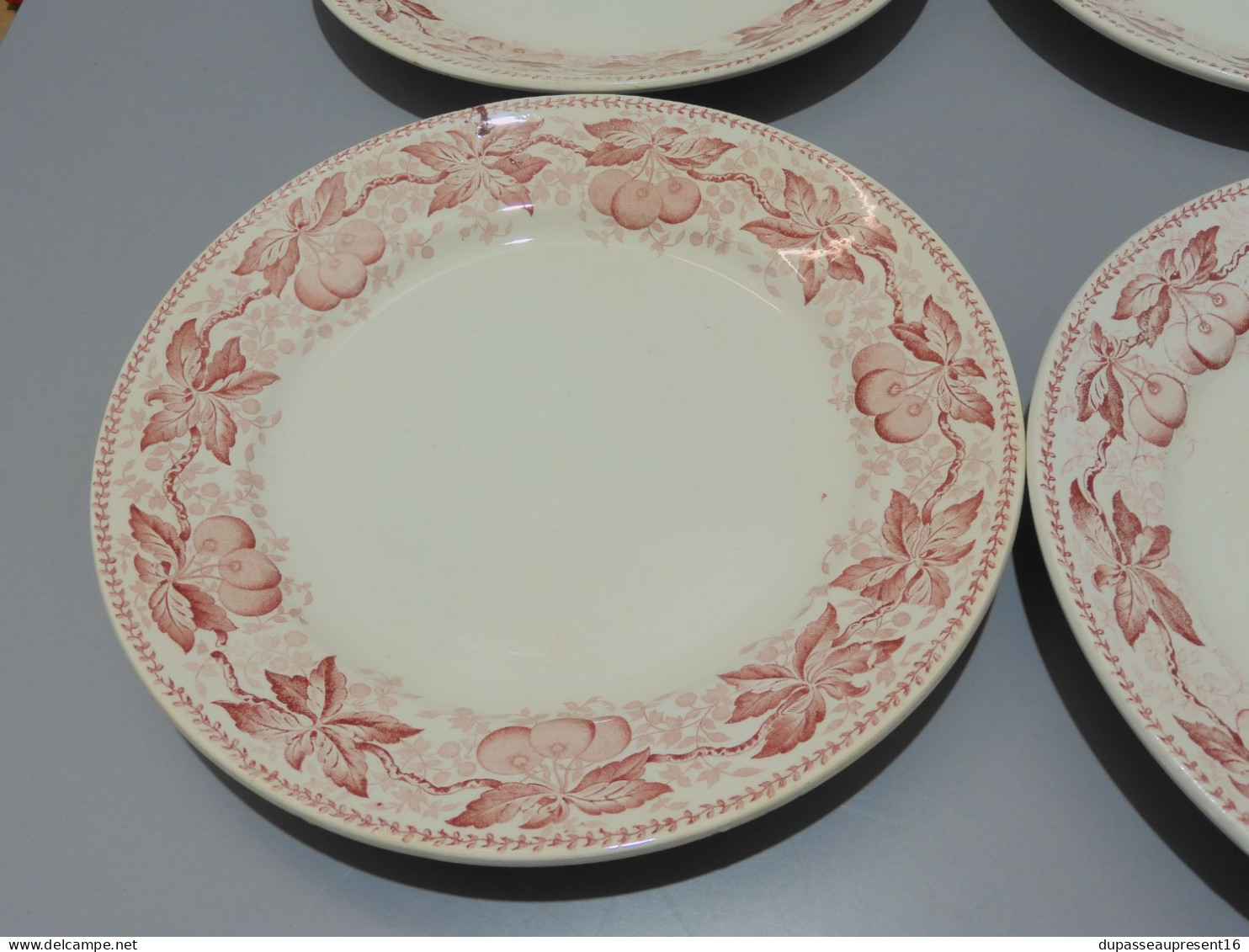 -5 ASSIETTES PLATES DEMI PORCELAINE BADONVILLER Modèle CERISES Table  E - Badonviller (FRA)