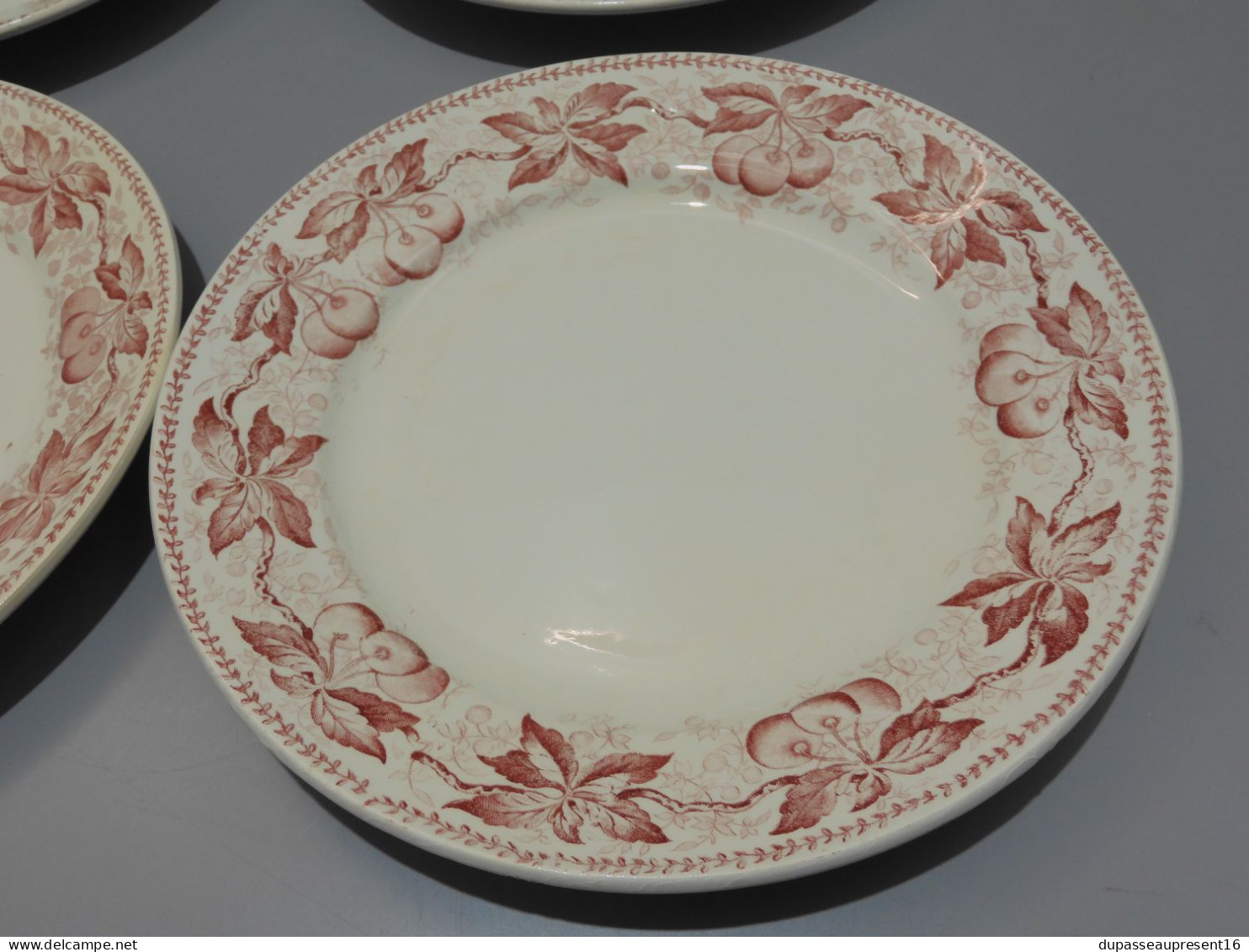 -5 ASSIETTES PLATES DEMI PORCELAINE BADONVILLER Modèle CERISES Table  E - Badonviller (FRA)