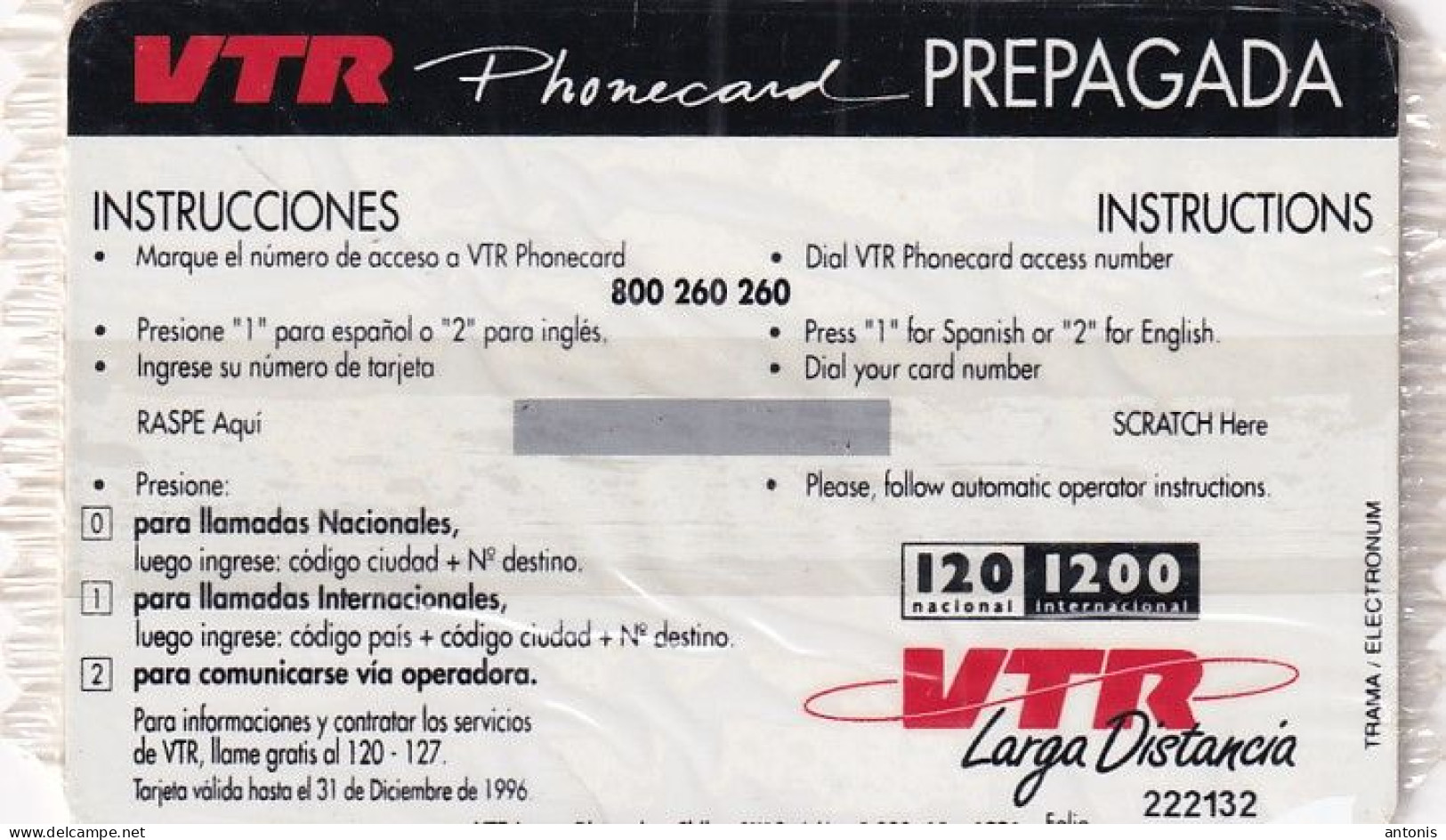 CHILE - Centro De Ski/El Colorado, VTR Prepaid Card $3000, Tirage 5000, Exp.date 12/96, Mint - Chili