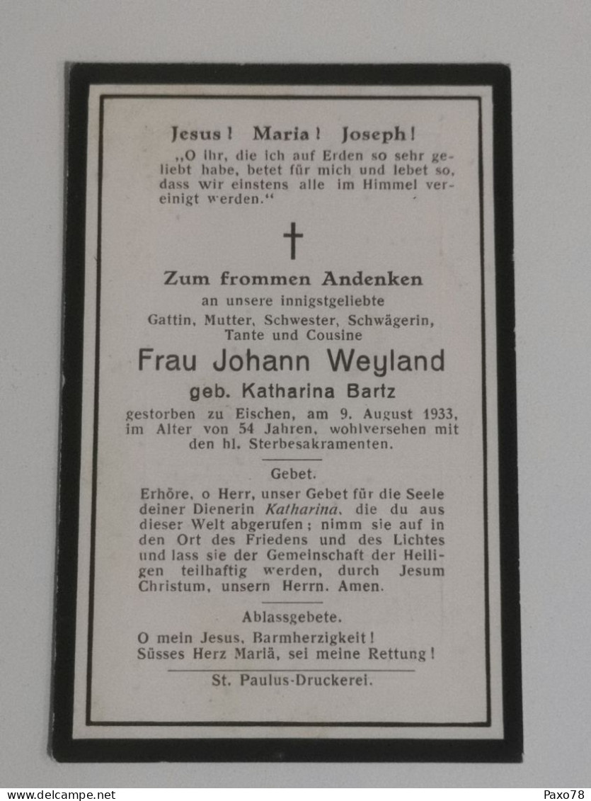 Doodebiller Luxemburg, Eischen 1933 - Todesanzeige