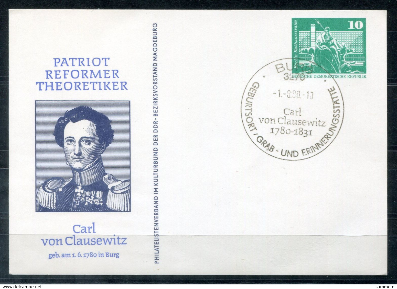 DDR Privatpostkarte "Carl Von Clausewitz" Mit SoSt. BURG = Geburtsort - GDR / RDA - Privatpostkarten - Gebraucht