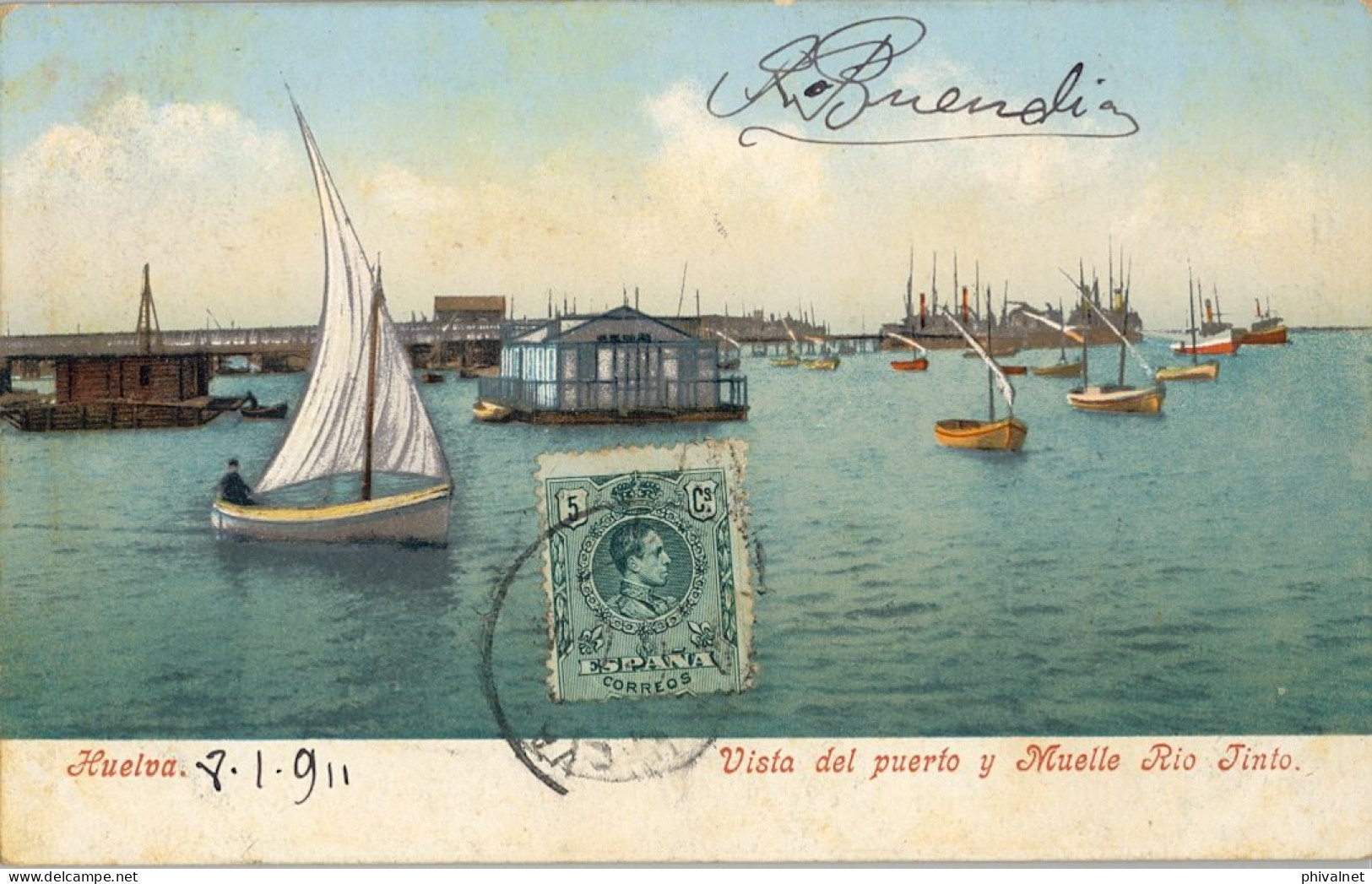 1911 HUELVA , VISTA DEL PUERTO Y MUELLE DE RIO TINTO , ED. PURGER & CO.   , T.P. CIRCULADA - Huelva