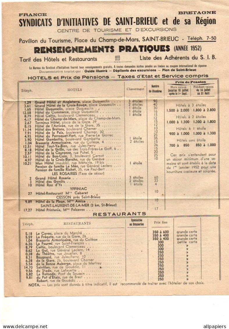 Renseignements Pratiques Syndicats D'initiatives De Saint-Brieuc Et De Sa Région Centre De Tourisme Et D'excursions 1952 - Sports & Tourisme