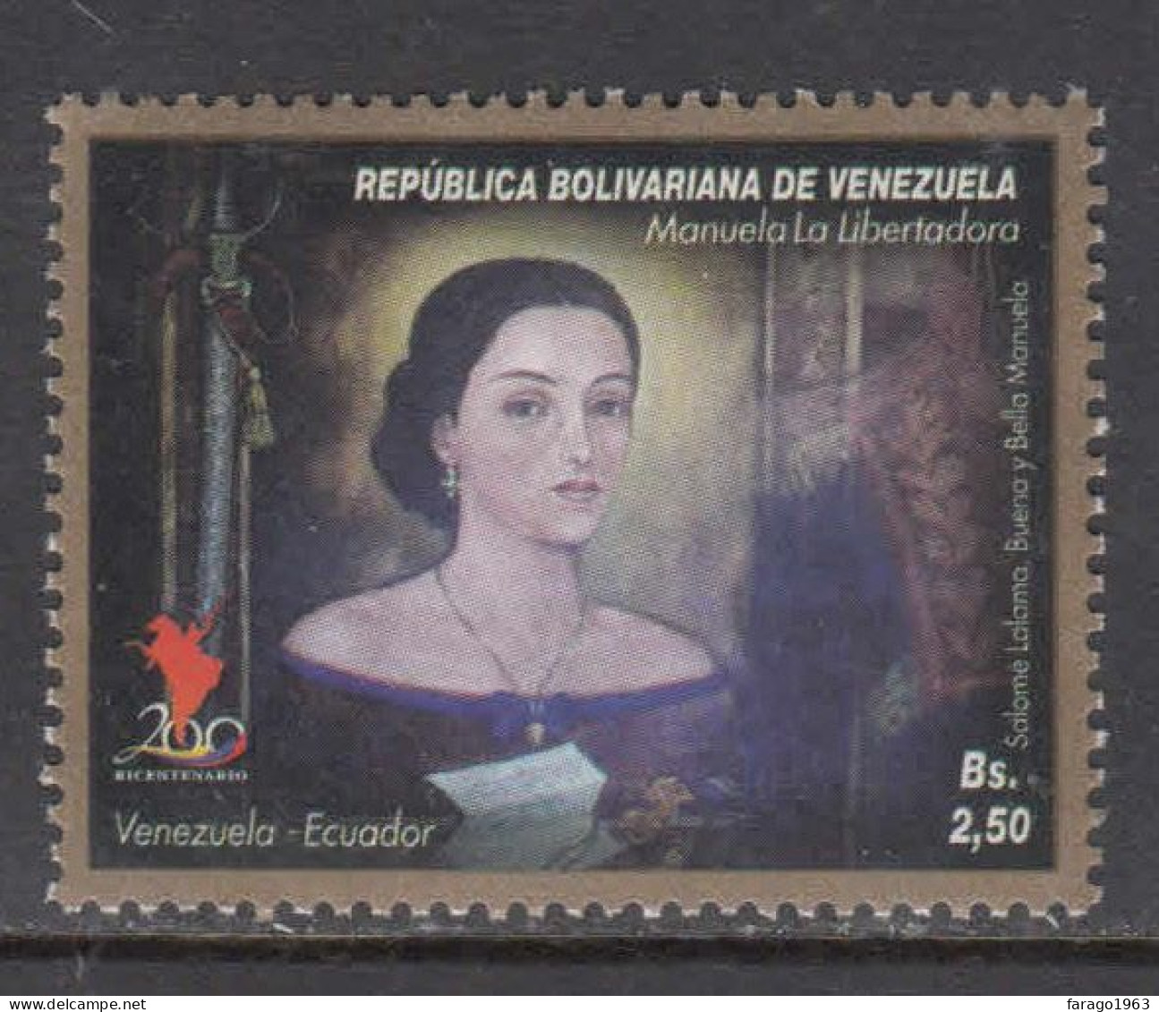 2010  Venezuela Manuela Saenz Simon Bolivar JOINT ISSUE Ecuador Complete Set Of 1 MNH - Venezuela