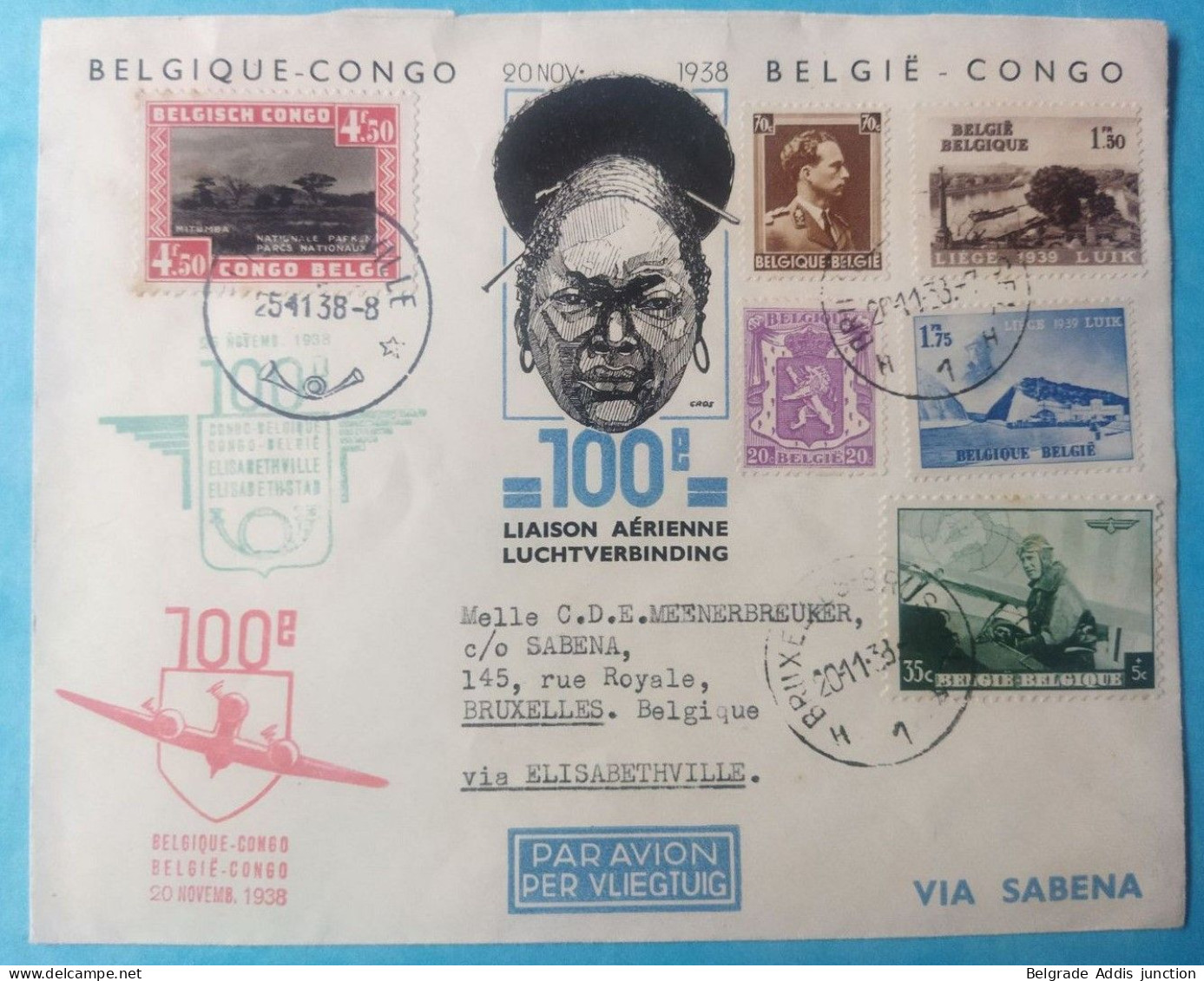 Congo Belge Lettre Poste Aérienne 1938 Elisabethville - Covers & Documents