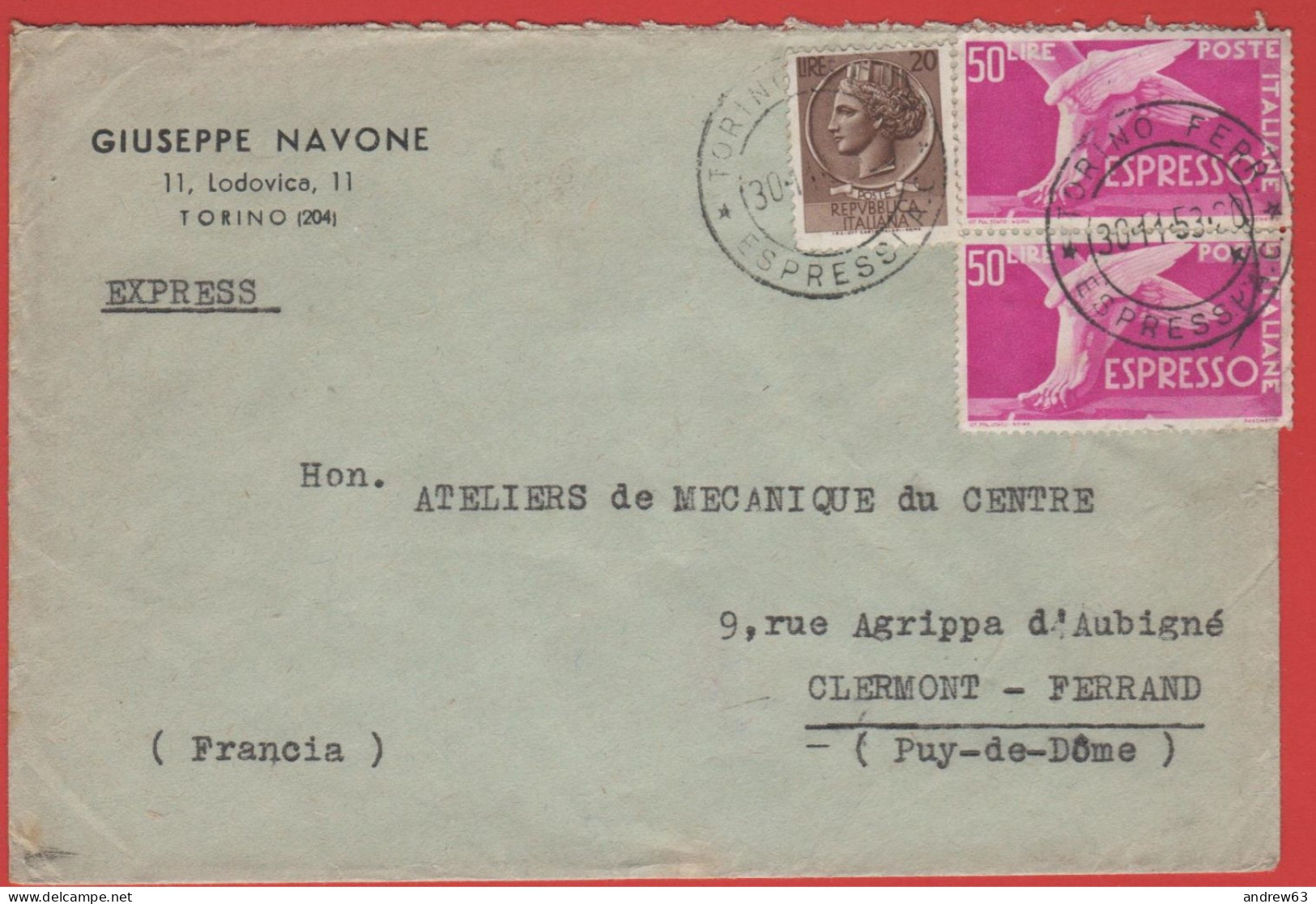 ITALIA - ITALY - ITALIE - 1953 - 20 Siracusana + 2x 50 Espresso + Annullo Ambulante Torino-Modane - Giuseppe Navone - Vi - Correo Urgente/neumático