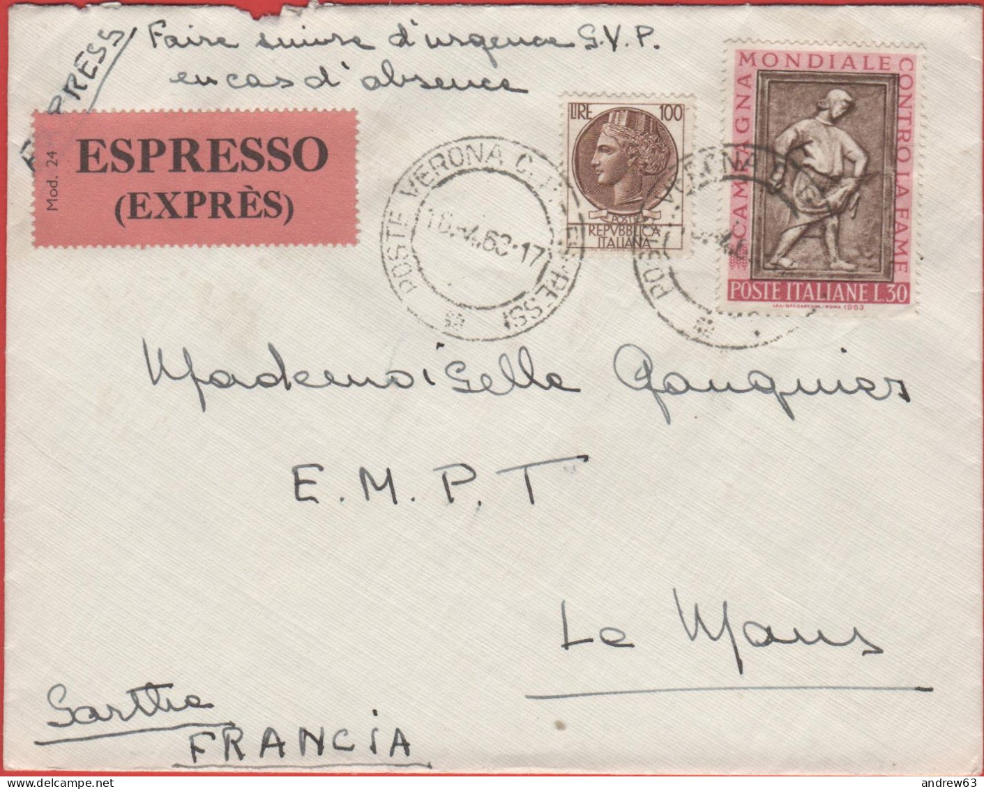 ITALIA - ITALY - ITALIE - 1963 - 100 Siracusana + 30 Campagna Mondiale Contro La Fame - Espresso - Ponte Florio - Viaggi - Posta Espressa/pneumatica