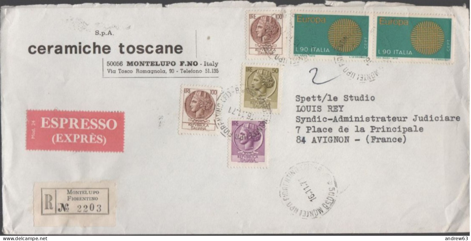 ITALIA - ITALY - ITALIE - 1971 - 2x 100 + 25 + 50 Siracusana + 2x 90 Europa Cept - Raccomandata Espresso - Ceramiche Tos - Express/pneumatic Mail