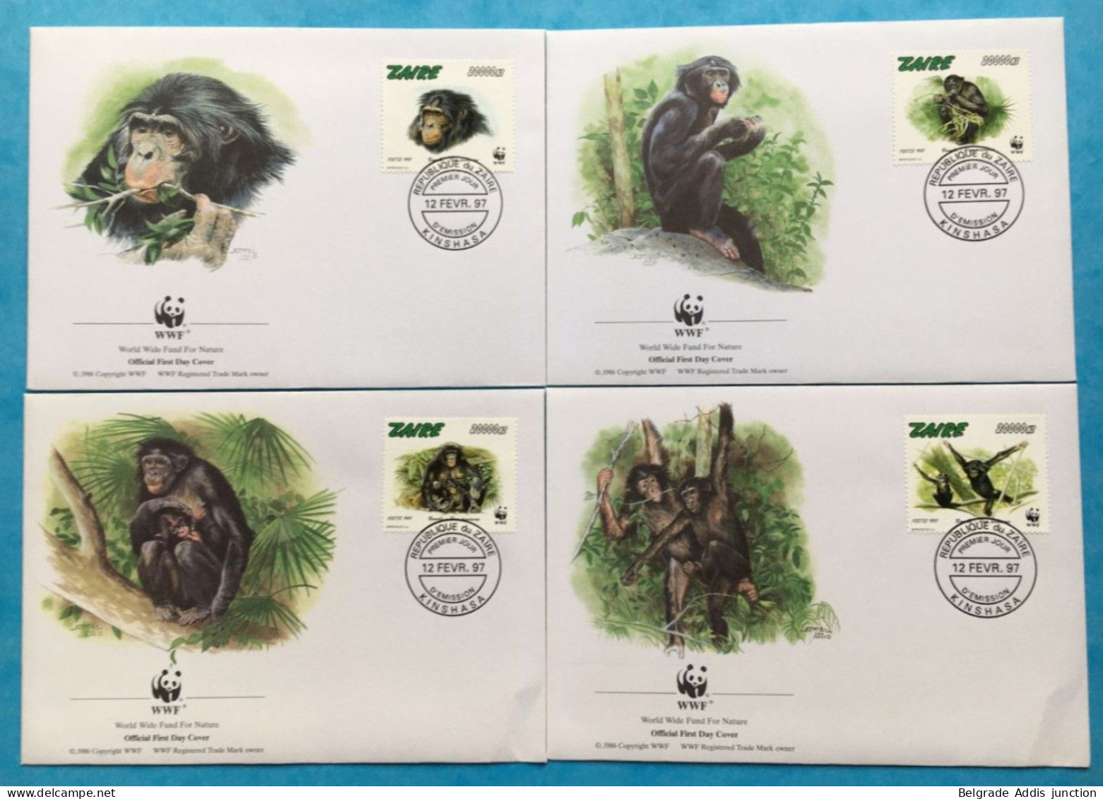 Congo Kinshasa RDC Zaire COB 1694/97 Série Complète Sur Enveloppes FDC 1997 WWF Singes Bonobos - Covers