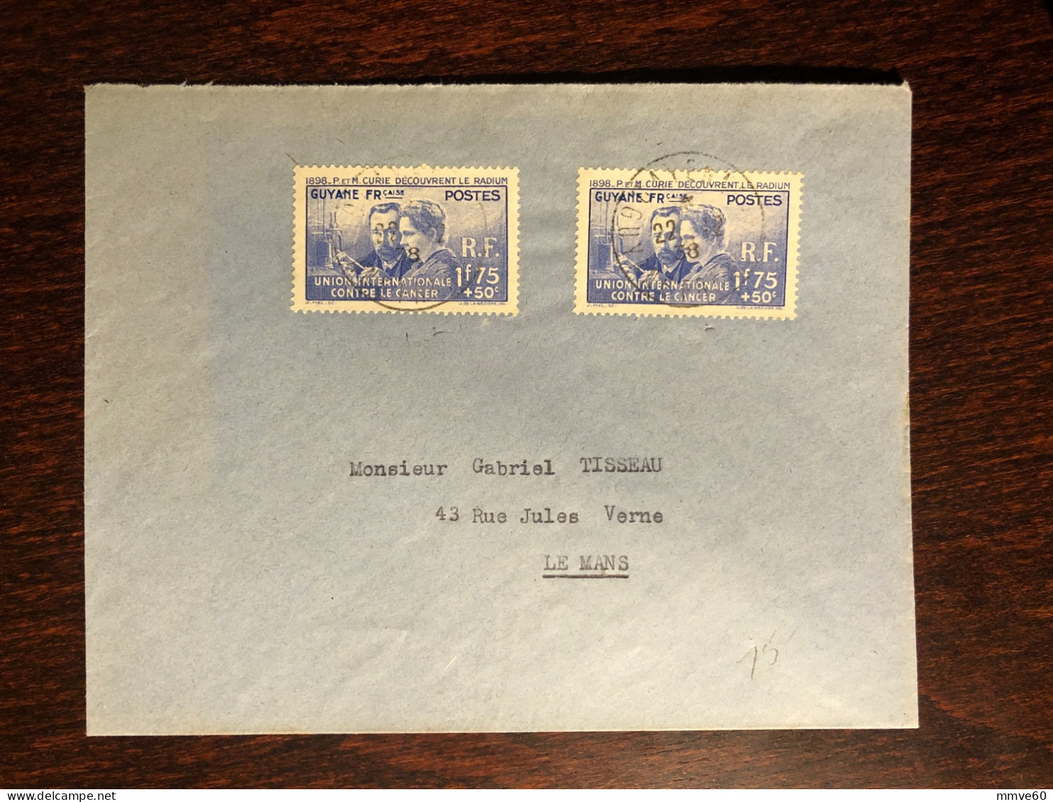 GUYANE FRANCE FRENCH GUYANA TRAVELLED COVER LETTER TO FRANCE 1938 YEAR CURIE CANCER HEALTH MEDICINE - Lettres & Documents