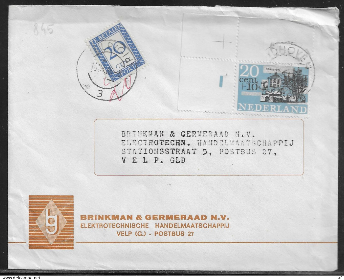 Netherlands. Stamp Sc. B400 And Postage Due Stamp J93 On Official Letter, Sent From Eindhoven On 10.10.1965 - Brieven En Documenten