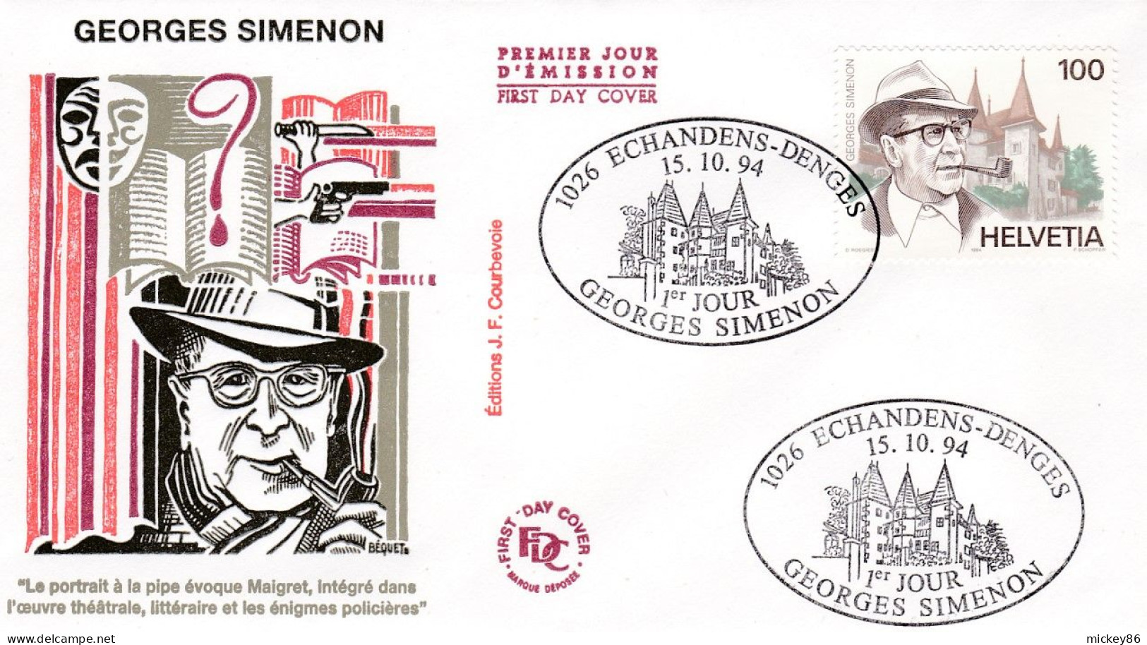 Suisse --FDC--1994 - Georges SIMENON  (écrivain)...........cachet  1026  ECHANDENS-DENGES - FDC
