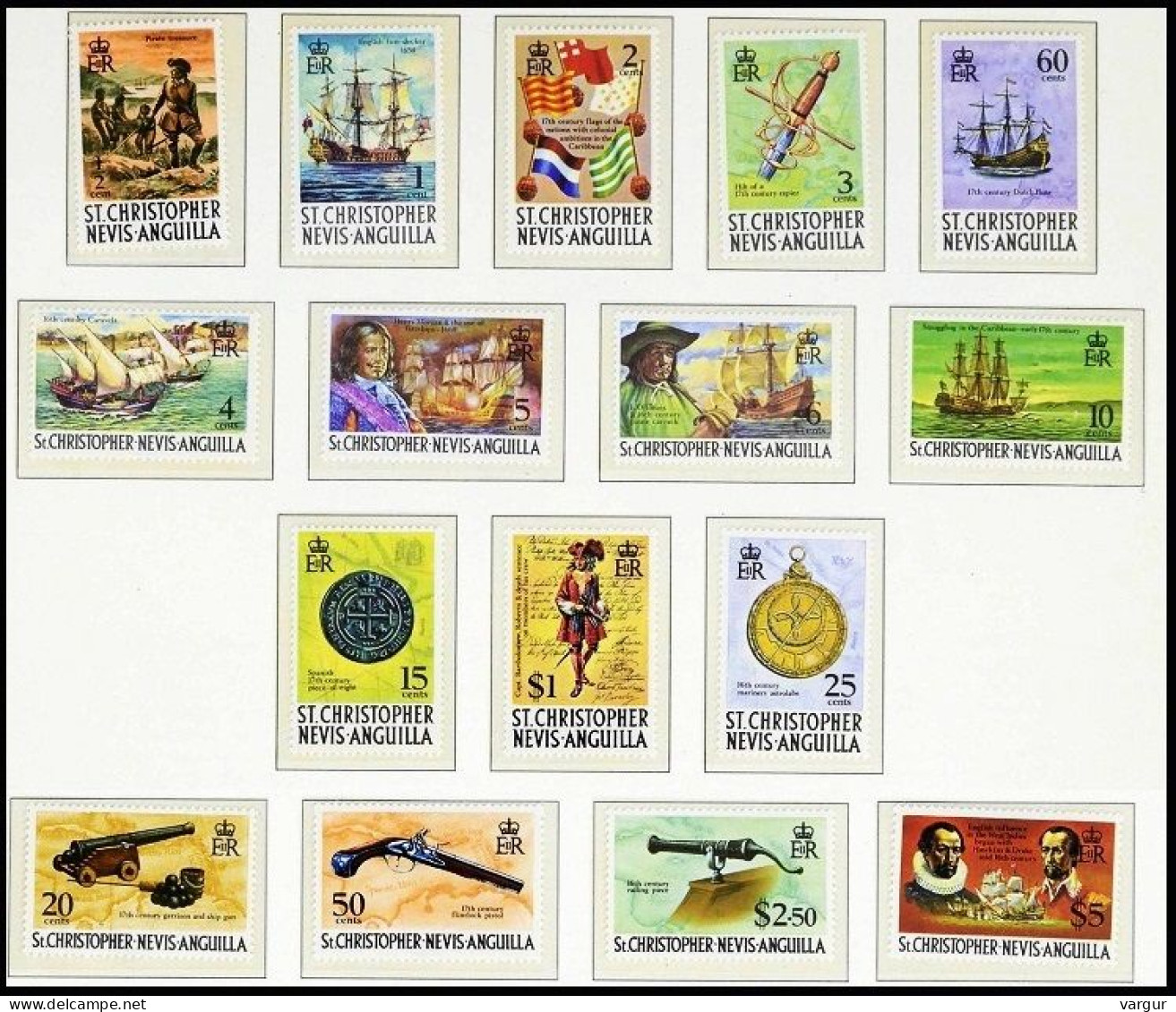 ST. CHRISTOPHER NEVIS ANGUILLA 1970 Definitive: Ships Navigators Weapons. Complete Set 16v, MNH - San Cristóbal Y Nieves - Anguilla (...-1980)