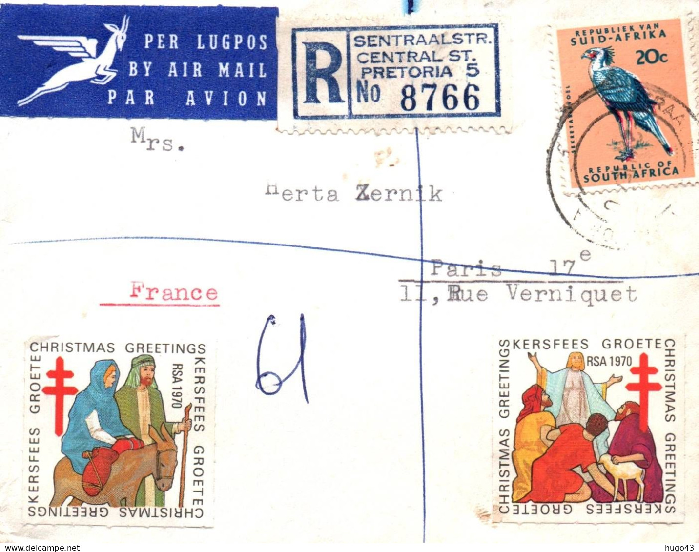 ENVELOPPE RECOMMANDEE DE PRETORIA POUR PARIS EN 1970 - BEAUX TIMBRES ET VIGNETTES OF CHRISTMAS - Brieven En Documenten
