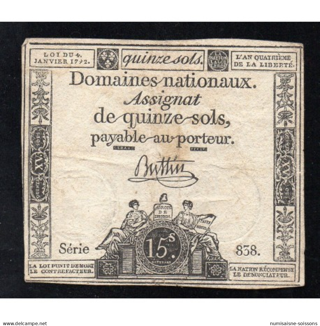 ASSIGNAT DE 15 SOLS - 04/01/1792 - DOMAINES NATIONAUX - SERIE 838 - TB - Assignate