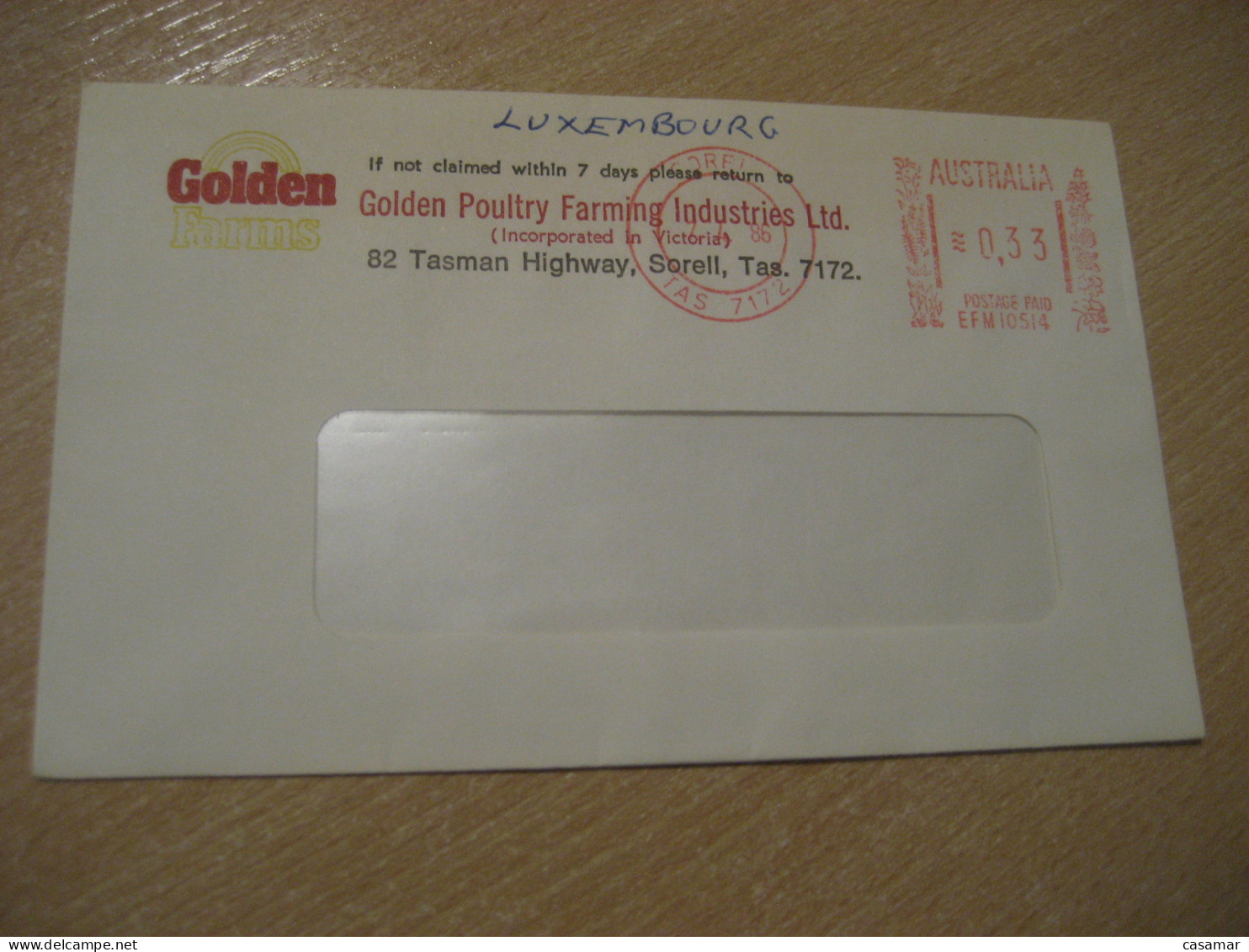 SORELL Tasmania 1986 Golden Poultry Farming Industries Volaille Meter Mail Cancel Cover AUSTRALIA - Ferme