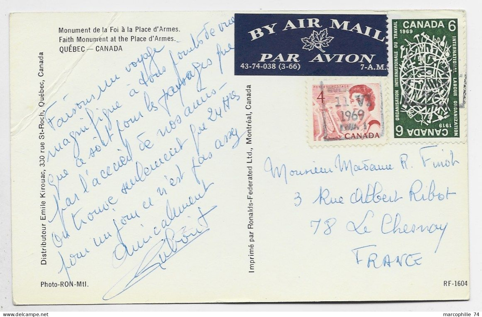 CANADA 4C+6C CARD AVION AIR MAIL QUEBEC 11.VI.1969 TO FRANCE - Briefe U. Dokumente