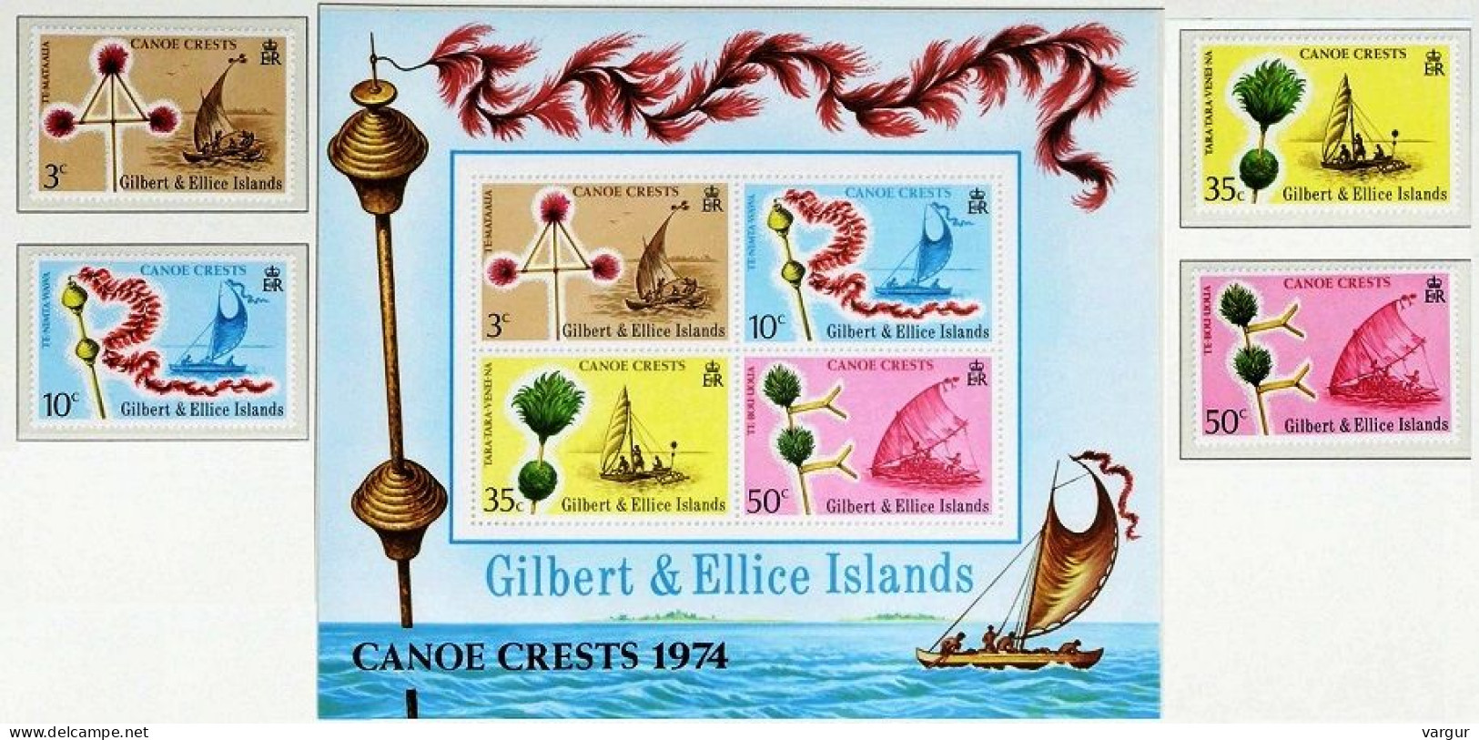 GILBERT AND ELLICE ISLANDS 1974 Canoe Crests (Decorations). Set & S/Sheet, MNH - Gilbert & Ellice Islands (...-1979)