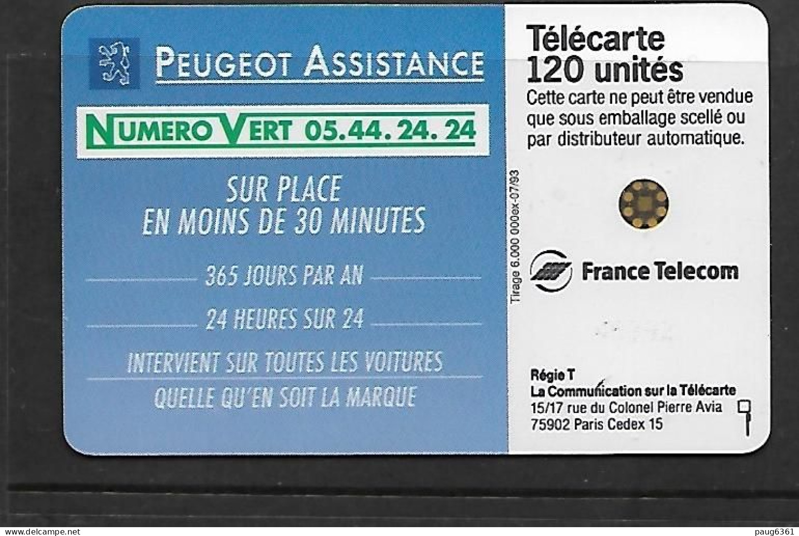 F387A - 07/1993 - PEUGEOT ASSISTANCE - 120 GEM (verso : N° 46392 Partiel) - 1993