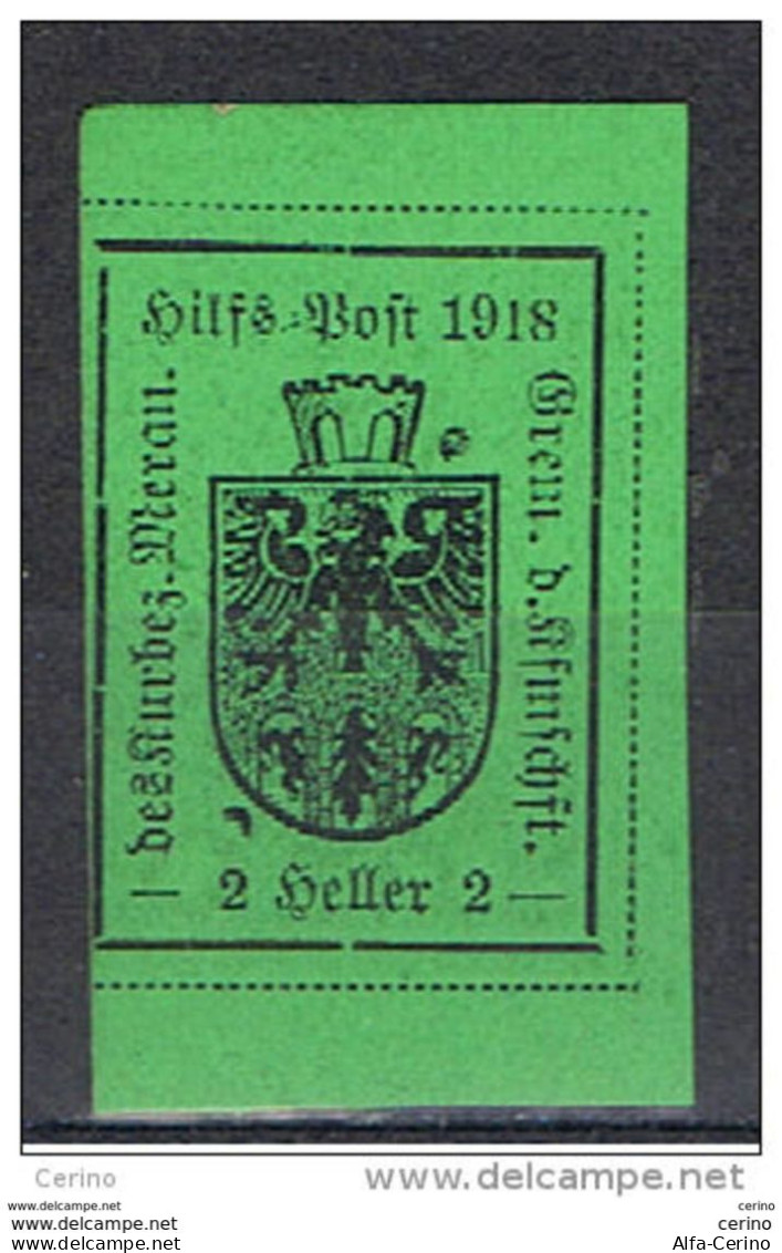 MERANO:  1918  TIPOGRAFICO  -  2 H. VERDE  CHIARO  N. -  SASS. 4 - Merano