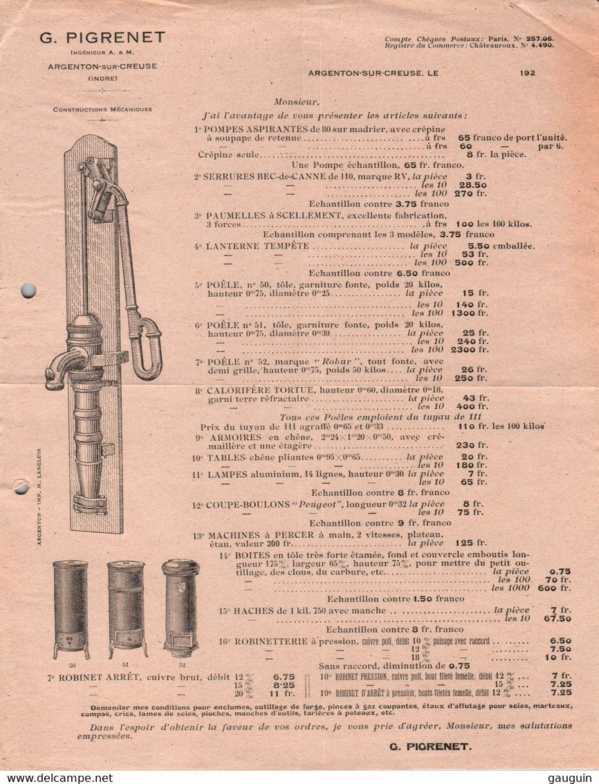 Lettre Commerciale - TARIF - Constructeur POÊLES LANTERNES ... - Ets G.PIGRENET - ARGENTON S/CREUSE - Elettricità & Gas