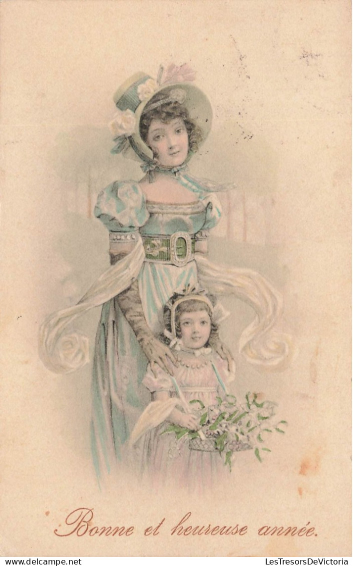 FANTAISIE - Femme - Bonne Et Heureuse Année - Une Femme Avec Sa Fille - Panier De Fleurs - Carte Postale Ancienne - Women