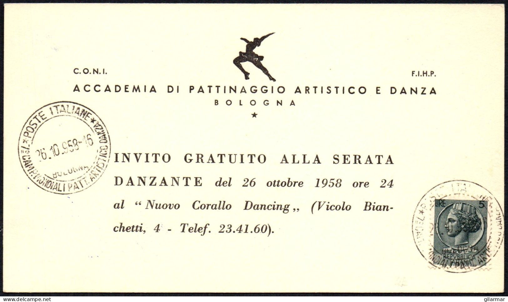 SKATING - ITALIA BOLOGNA 1958 - CAMPIONATI MONDIALI PATTINAGGIO ARTISTICO E DANZA - INVITO SERATA DANZANTE - M - Eiskunstlauf