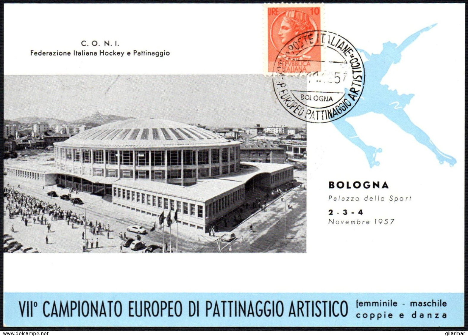 SKATING - ITALIA BOLOGNA 1957 - 7° CAMPIONATO EUROPEO PATTINAGGIO ARTISTICO - CARTOLINA UFFICIALE - 2° TIPO - M - Kunstschaatsen