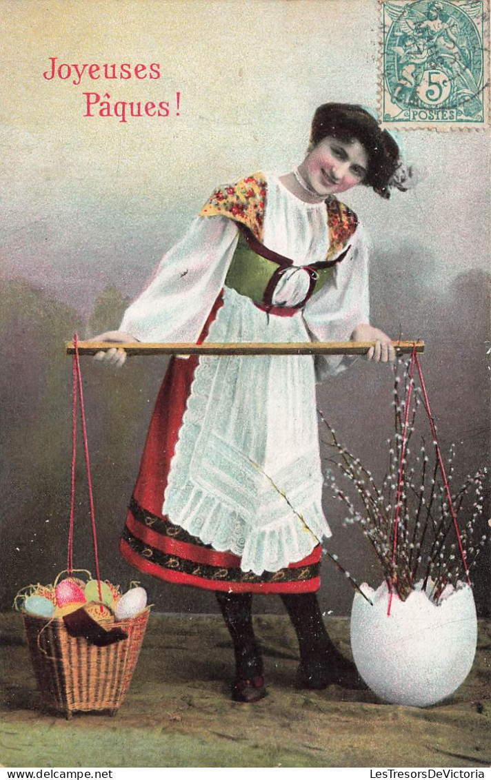 FÊTES - VŒUX - Joyeuses Pâques - Femme Avec Des œufs - Fantaisie - Carte Postale Ancienne - Pascua