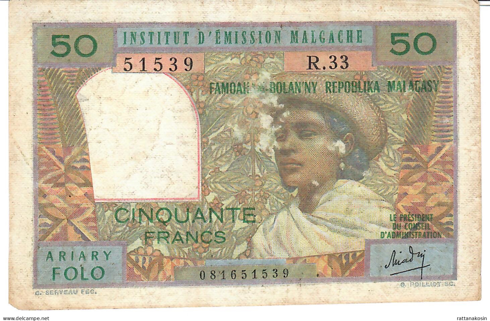 MADAGASCAR P61a 50 FRANCS/ARIARY ND    VG - Madagascar