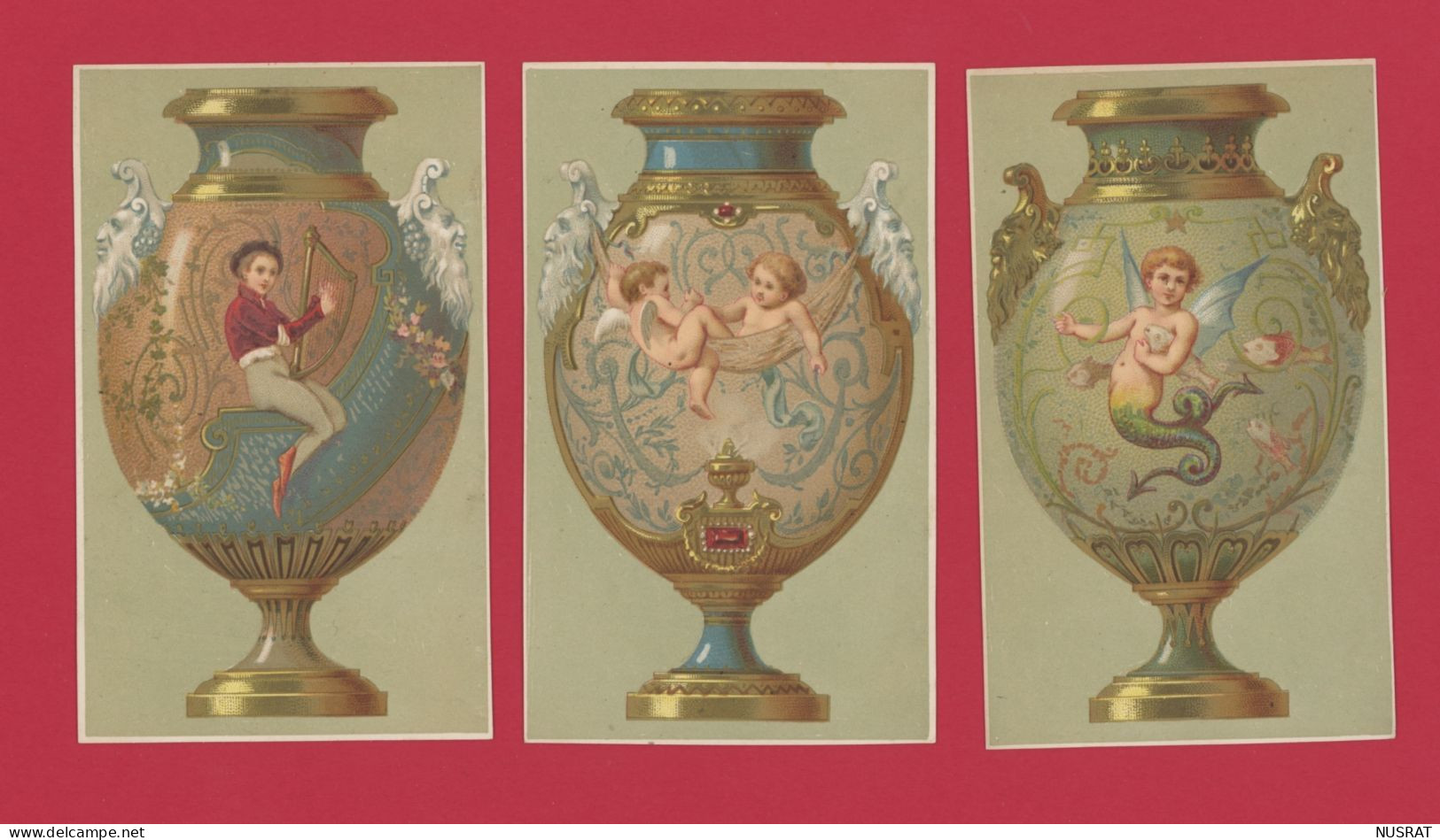 Superbe Série De 6 Chromos, Vases Anciens & Angelots, Cupidons Cupids, Imprimeur à Identifier, Beau Graphisme - Other & Unclassified